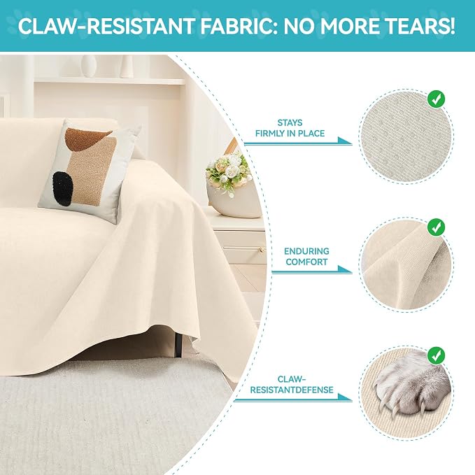 Warmstar Couch Protector from Cat Claws, Waterproof Couch Cover Anti Slip,Couch Cover 3 Cushion Sofa Washable,Anti-Scratch Pet Sofa Cover Heavy Duty,91"X134", Beige