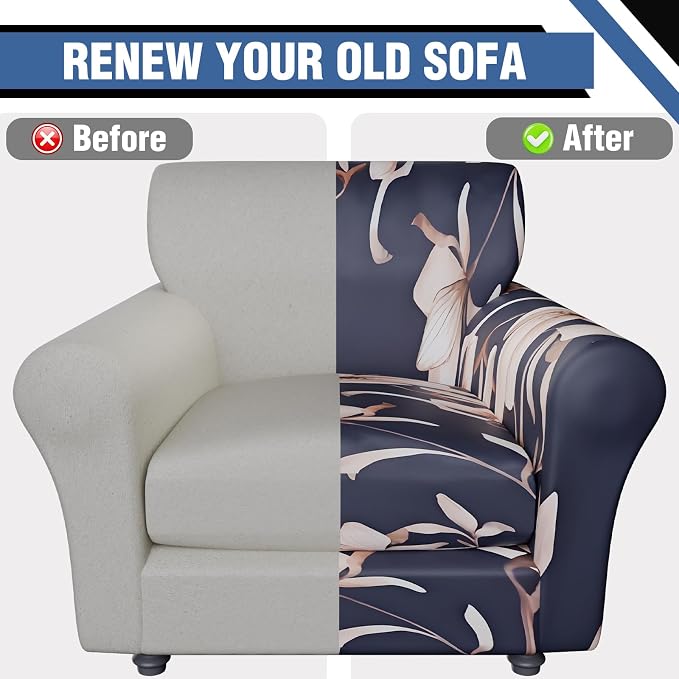 2 Piece Stretch Chair Covers Armchair Couch Covers,Floral Pattern Armchair Sofa Slipcover with Separate Chair Cushion Cover,Washable Furniture Protector for Living Room(Navy Blue)