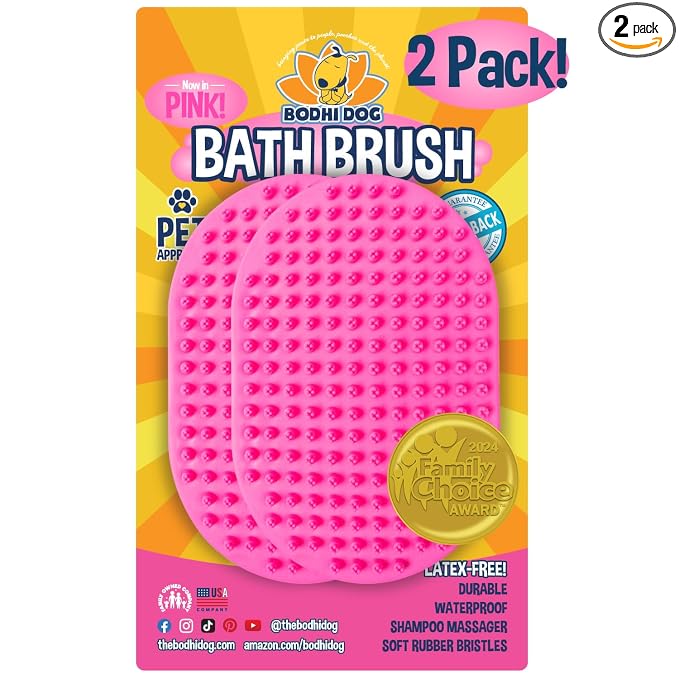 Bodhi Dog Shampoo Brush - Pet Grooming & Bath Supplies for Dogs and Cats - Bath Brush for Long & Short Hair - Premium Scrubber for Shower, Bathing & Massage (Two Pack, Pink)