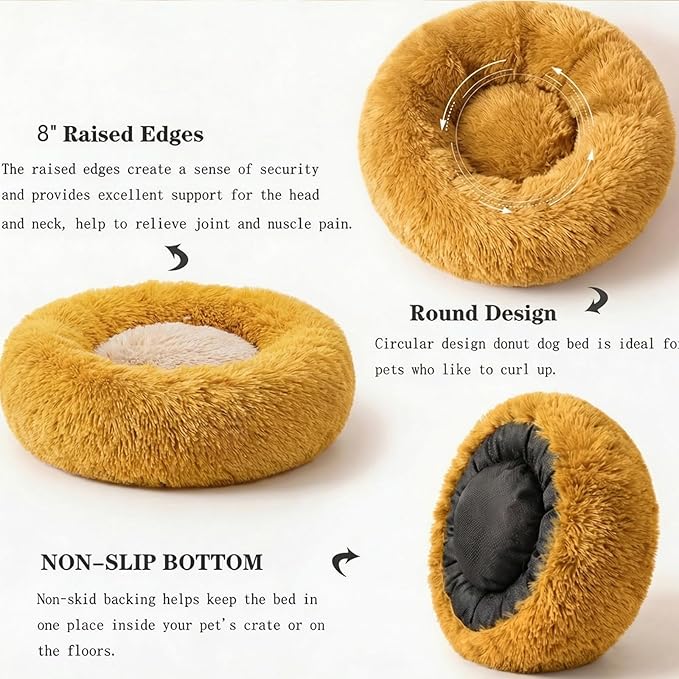 Calming Dog Bed for Medium Dogs Washable Donut 30 inches Anti-Slip Pet Bed,Round Fluffy Plush Faux Fur Cat Bed,Fits up to 45 lbs Pets,Orange