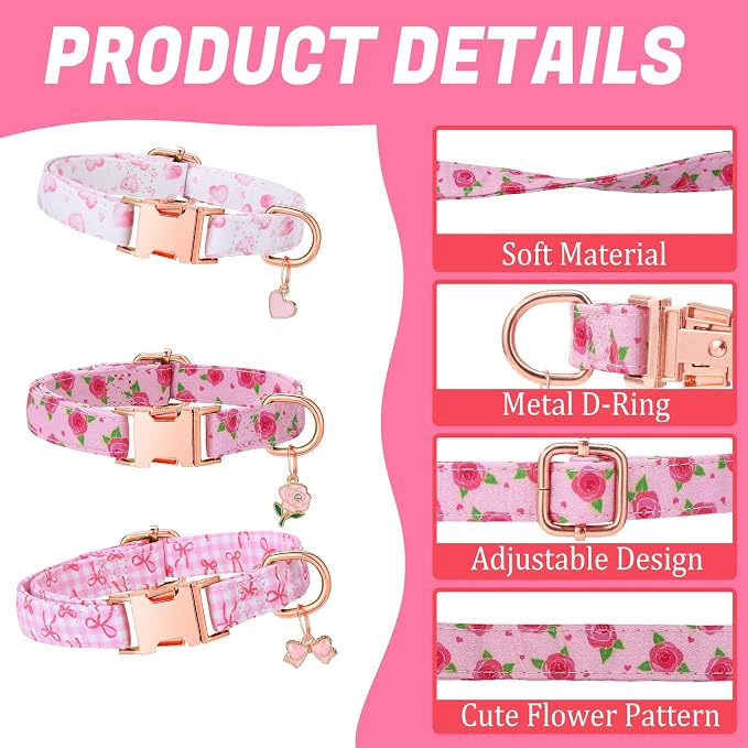 3 Pack Pink Dog Collars for Small Dogs Girl Dog Collar with Pendant for Girl Female Dogs Adjustable Puppy Collars Pet Collar