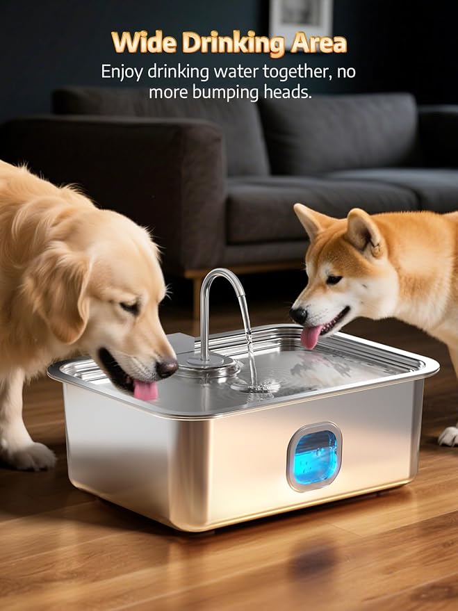 4.2Gal Dog Water Fountain for Large Dogs, 16L Stainless Steel Large Dog Fountain Water Bowl with Deeper & Wider Drinking Tray, Automatic Pet Water Dispenser with Visible Window (with 3 Filters)