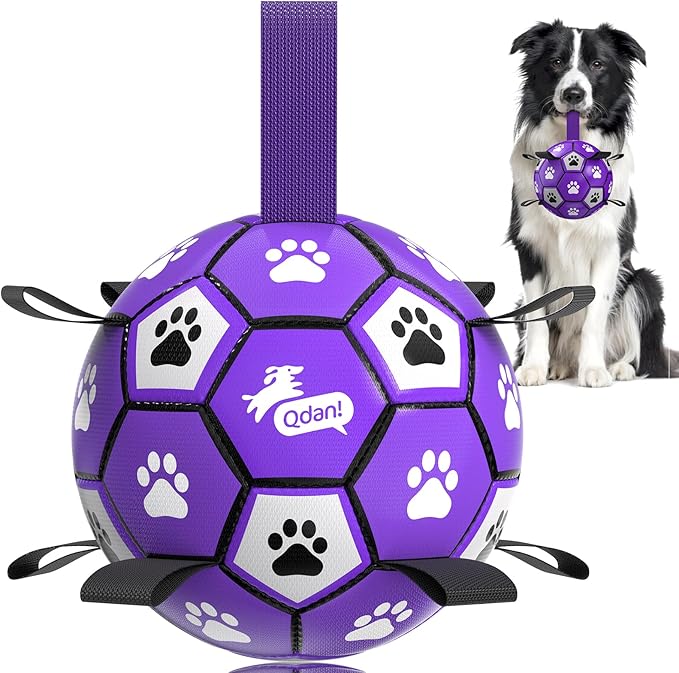 QDAN Dog Toys Soccer Ball with Straps - Dog Water Toy, Puppy Birthday Gifts, Durable Dog Balls for Small Medium Dogs （6 Inch）