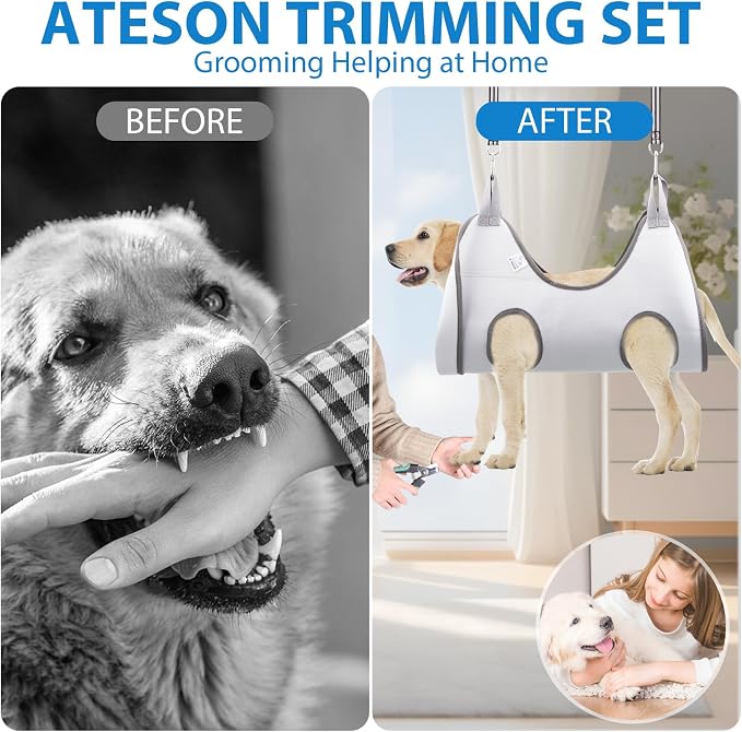 ATESON Pet Grooming Hammock Harness for Small Dogs & Cats Nail Trimming, Dog Sling for Cutting Nails, Dog Hanging Holder Hanger with Nail Clippers, Nail File, Scissors