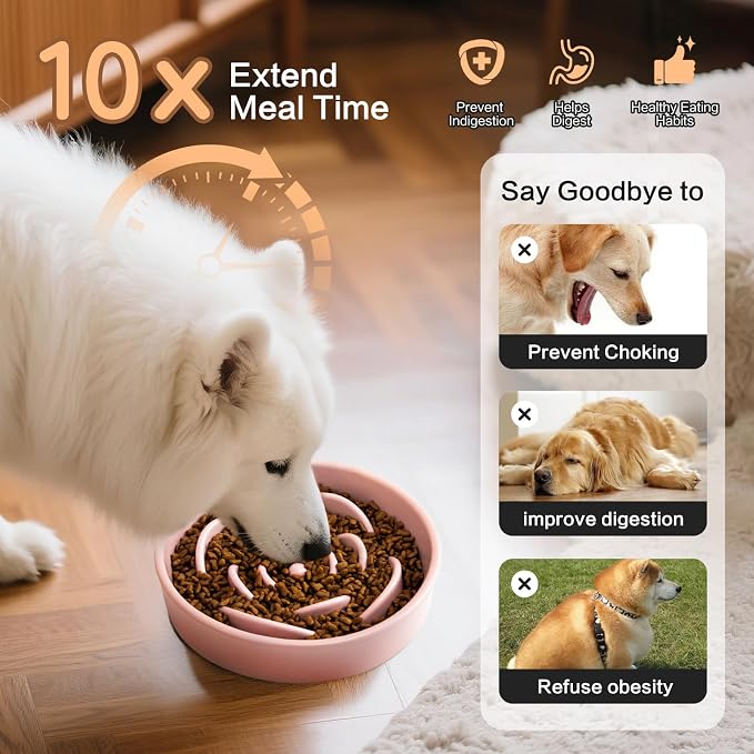 8.25'' Ceramic Slow Feeder Dog Bowls - Petal Shape Modern Dog Food Dish for Medium and Large Breeds, Puzzle Maze Bowl to Slow Down Eating, Anti-Gulping, Dishwasher & Microwave Safe, Pink