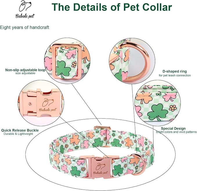 St. Patrick's Day Dog Collar for Medium Dogs - Lucky Clover Pastel Dog Collars, Irish Spring Shamrock Pet Collars, Adjustable Heavy Duty Dogs Collar with Metal Buckle M