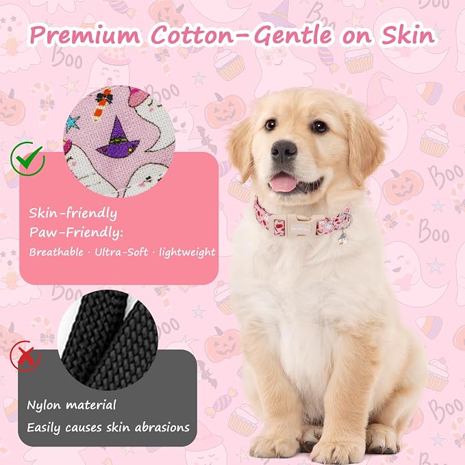Halloween Dog Collar, Fall Dog Collars for Extra Small Dogs, Cute Pink Puppy Collar with Adorable Ghost & Pumpkin Design, Soft Cotton Extra Small Dog Collars Girl Boy Dog Collar-XS