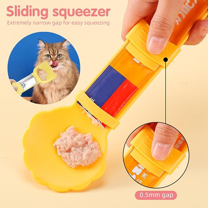 Pet Food Scoop Set 3-Pack, Long Handled Cat Food Measuring Cup with Stainless Steel Clip, Silicone Pet Can Mixing Spoon with Opener, Cute Cat Strip Feeder, Easy to Clean, Safe and Reliable