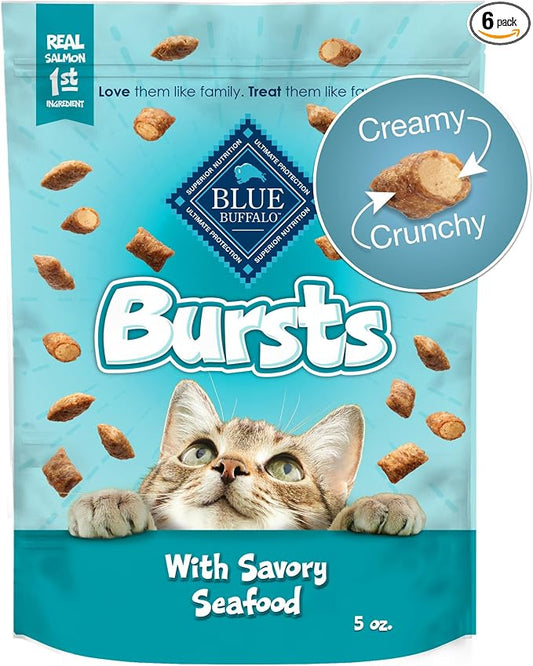 Blue Buffalo Bursts Crunchy & Creamy Cat Treats, Great for Training, Savory Seafood, 5-oz Bag (Pack of 6)