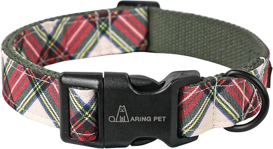 ARING PET Christmas Dog Collar, Cute Winter Red Green Plaid Cotton Lightweight Pet Puppy Collars for Small Medium Large Dogs-S