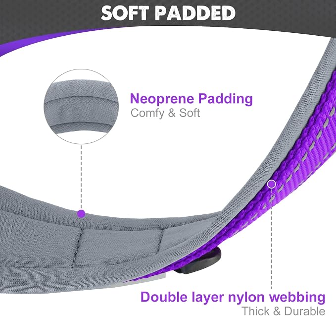 Joytale Dog Collar for Large Dogs, Neoprene Padded and Adjustable, Reflective Wide Heavy Duty Pet Collars with Durable Metal Belt Buckle for Walking, Purple, L