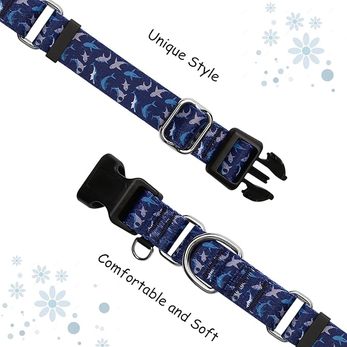 Martingale Collar for Dogs with Buckle Shark Dog Collar Adjustable Soft Nylon Boy Dog Collars for Extra Large Dogs, Deep Blue Shark