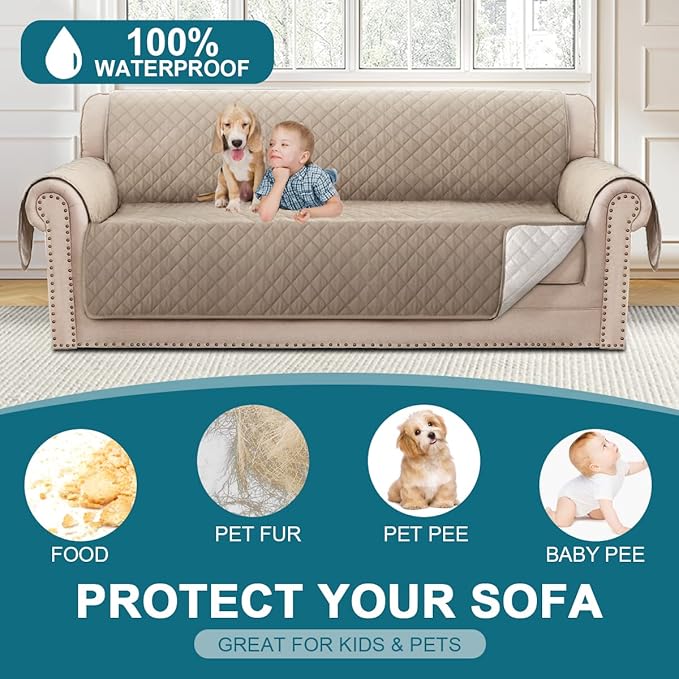 Turquoize 100% Waterproof Couch Covers for 3 Cushion Sofa Pet Friendly Cover for Dogs Washable Couch Protector Triple Non-Slip Furniture Cover for Pets, Kids (Sofa 70", Khaki)