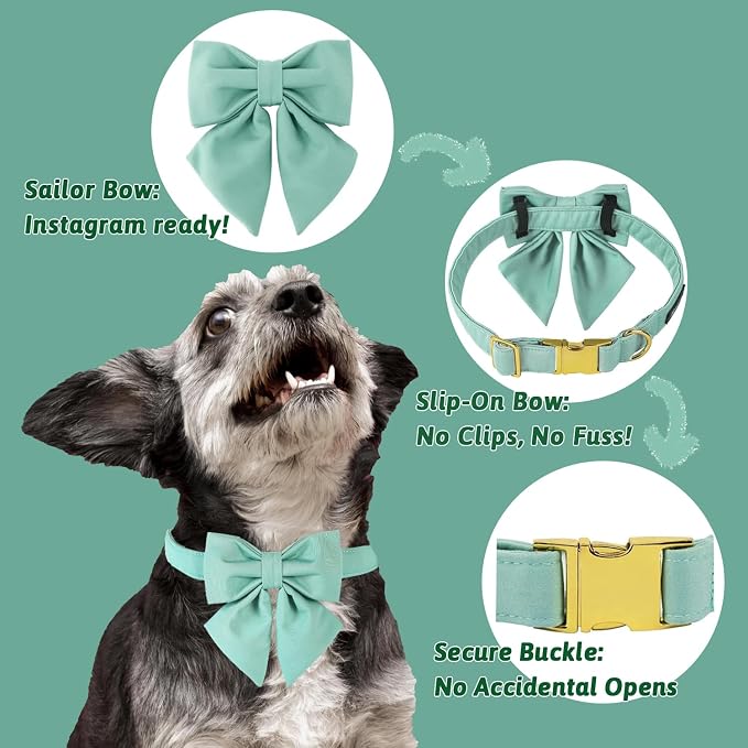 Maca Bates Mint Green Dog Collar with Cute Solid Sailor Bow Tie for Medium Girl Boy Dogs,Adjustbale Durable Breakaway Soft Collars with Bowtie for Female Male Puppy,Pet with Metal Buckle