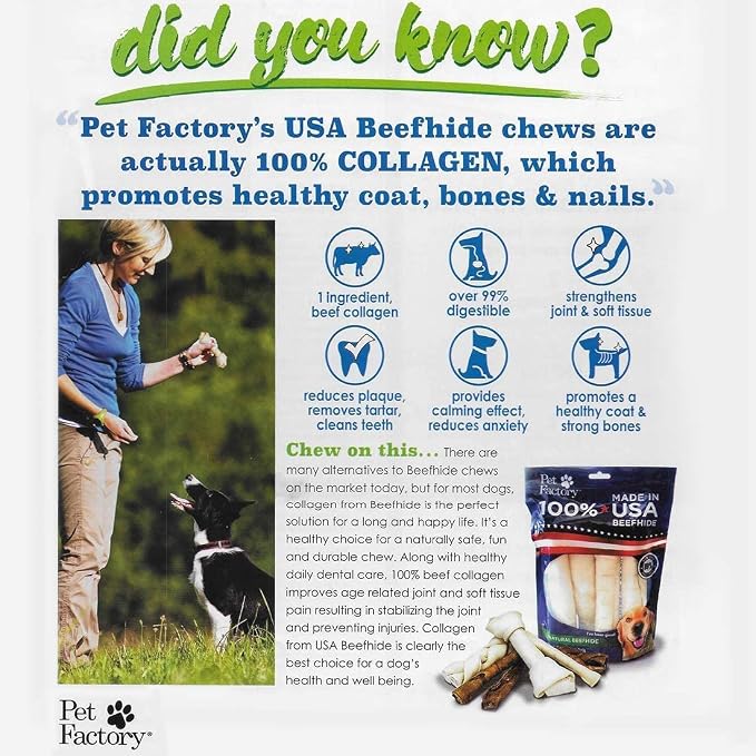 Pet Factory 100% Made in USA Beefhide Dog Chews – 6–7" Knotted Rawhide Bones for Dogs, Natural Flavor Long-Lasting Dog Chew Treats, Helps Support Dental Health, 8 Count Pack