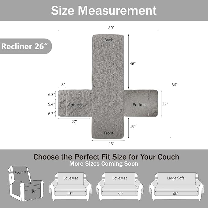 Gray Recliner Chair Covers, Quilted Décor Water-Repellent Medium Lazy Boy Chair Covers, Pet Friendly Recliner Cover for Dogs Cats, Washable Couch Cover (Recliner 26", Cool Gray)