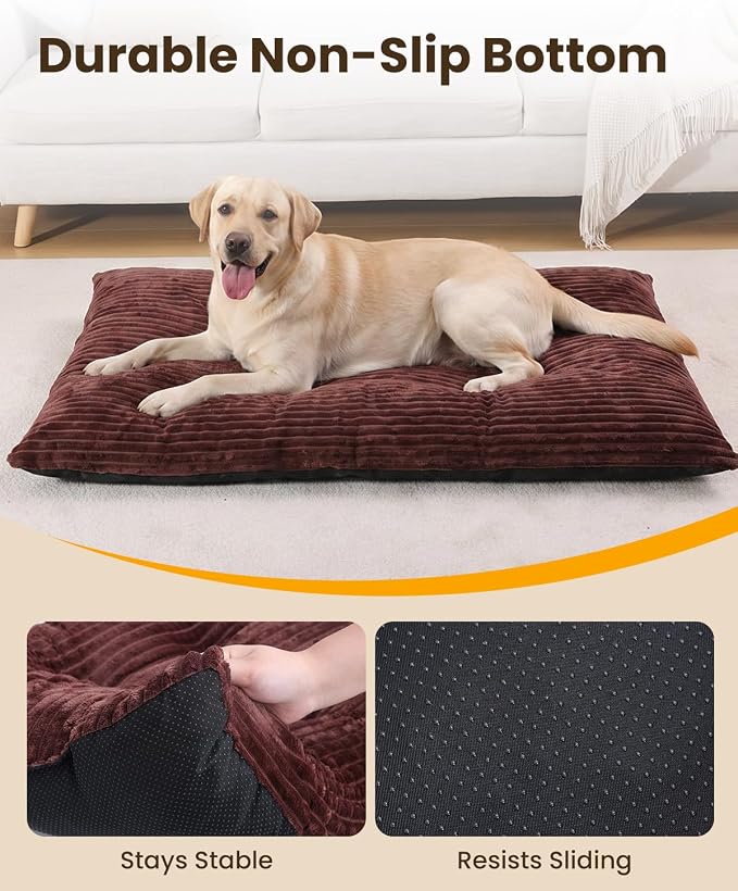 KSIIA Dog Crate Bed Washable Dog Beds for Large Dogs Deluxe Thick Flannel Fluffy Comfy Kennel Pad Anti-Slip & Anti-Scratch Pet Sleeping Mat, 41 x 27 Inch, Brown