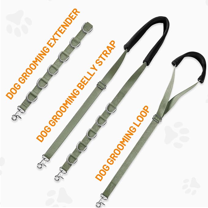 Dog Grooming Belly Strap - Dog Grooming Loops for Table Arm Extender with Clamp Extension Loop Bathing Restraint Leash No Sit Haunch Holder for Small & Medium Dogs Hair Cutting Washing (Army Green)
