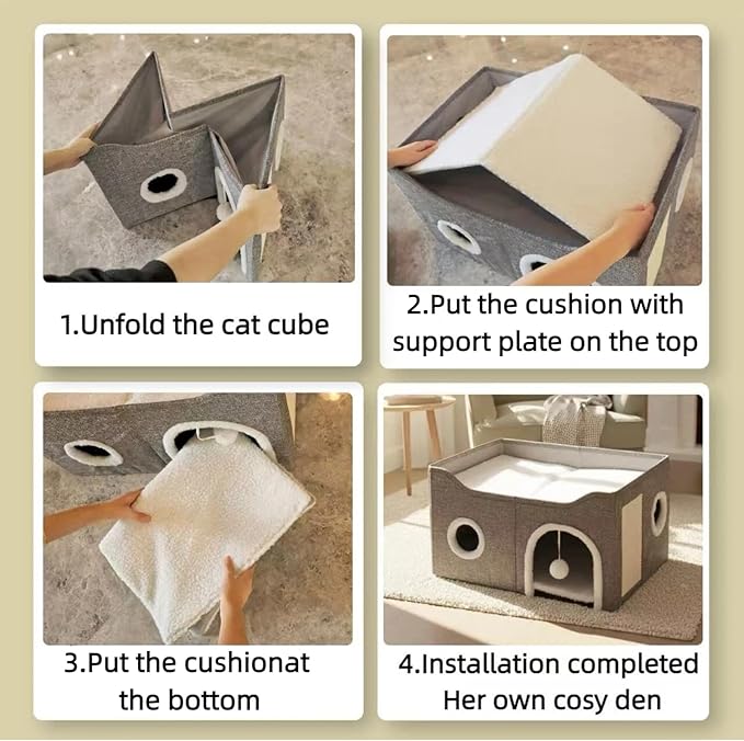 Eolahalcy Cat Beds for Indoor Cats - Large Cat Cave for Pet Cat House with Fluffy Ball Hanging and Scratch Pad, Foldable Cat Houses for Large Indoor Cats,Cat Hideaway, 23.8x15.9x13.2 inches, Grey
