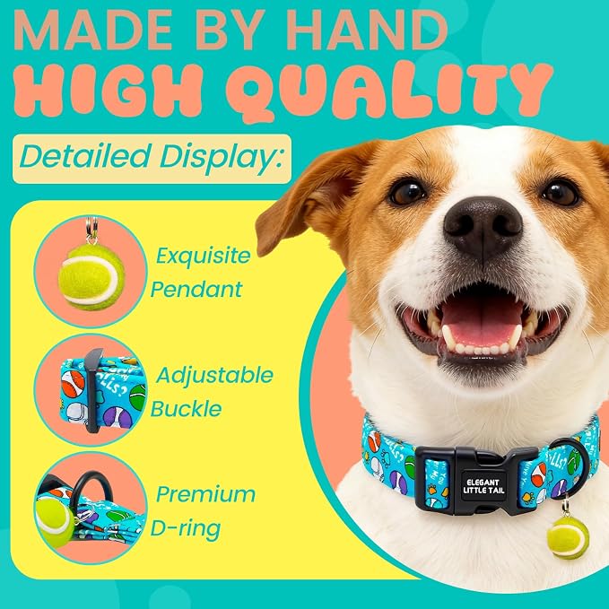 Elegant Little Tail Dog Collar, Cotton Tennis Pattern Soft Pet Collars with Pendant Male Sturdy Adjustable Pet Collar for Small Medium Large Dogs