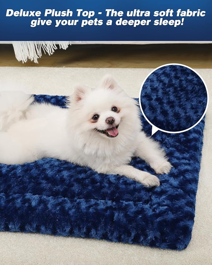 Washable Dog Bed Mat Crate Pad Soft Fluffy Pet Kennel Beds Dog Sleeping Mattress for Large Jumbo Medium Small Dogs, 30 x 19 Inch, Blue