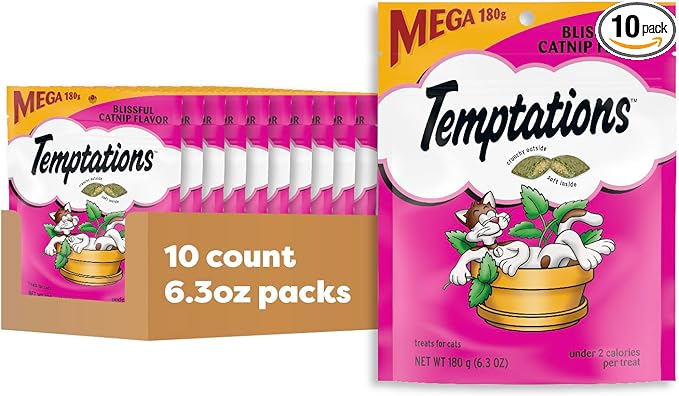 Temptations Cat Treats, Classic Crunchy and Soft Cat Treats, Blissful Catnip Flavor, Catnip Treats, 6.3 oz. Pouch (Pack of 10)