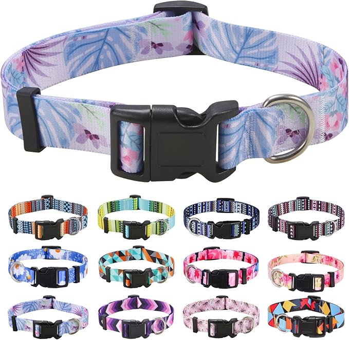 Mihqy Dog Collar with Bohemia Floral Tribal Geometric Patterns - Soft Ethnic Style Collar Adjustable for Small Medium Large Dogs (Purple Flower, L