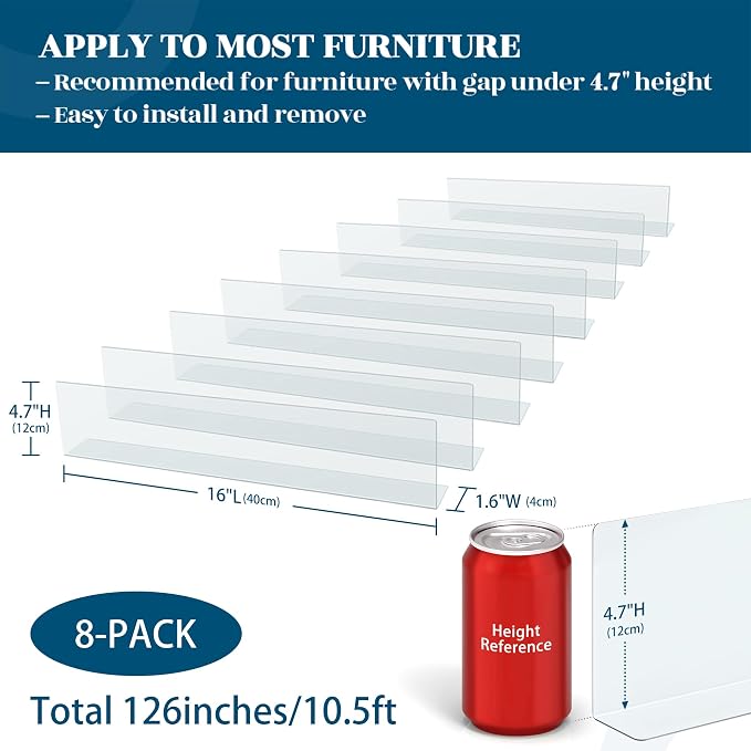126'' Total Length Under Sofa Blocker – 8 Pack, 4.7'' H x 15.8'' Each, Adjustable Clear Couch Gap Bumper, Strong Adhesive Toy Barrier to Stop Items from Going Under Sofa/Bed