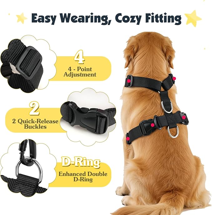 Pawaboo Dog Seat Belt Harness for Car, Dog Car Harness Seatbelt with Double Clips, Adjustable Breathable Pet Vest & Dogs Safety Tether with Elastic Bungee for Small Medium Large Pet, XXL, Black