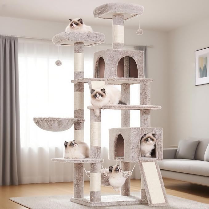 Gitelsnour Cat Tree for Indoor Cats, 71'' (180cm) Multi-Level Cat Tower for Large Adult, Sturdy Cat Tree House with 2 Scratching Boards 7 Posts, 2 Plush Perches/Condos, Hammock, Muchroom GCT032MU