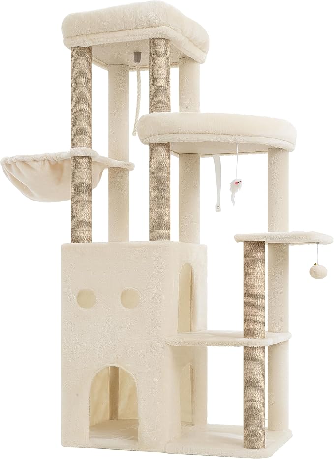 Heybly Cat Tree, 59.4" Secure Anti-Tip Cat Tower for Large Cats, Spacious Cat Furniture with Dual-Tier Cat Condo, 2 Top Perches, Hammock and Sisal Scratching Posts, Beige HCT055MJ
