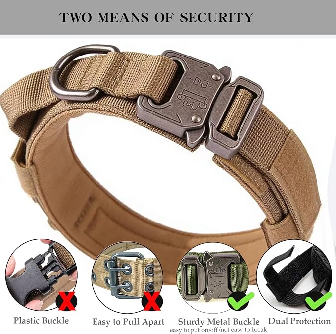 Tactical Dog Collar Adjustable Military Nylon Dog Collar with Control Handle and Heavy Duty Metal Buckle for Medium and Large Dogs (Brown,XL)
