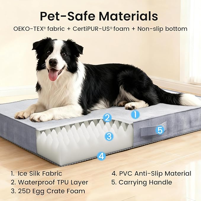 OhGeni Orthopedic Cooling Dog Bed for Medium Large Dogs, Cooling Mat with Machine-Washable Removable Cover in Easy-Clean Fabric, High Density Foam & Easy-Carry Handle, Summer Pad, 36 inch (Gray)