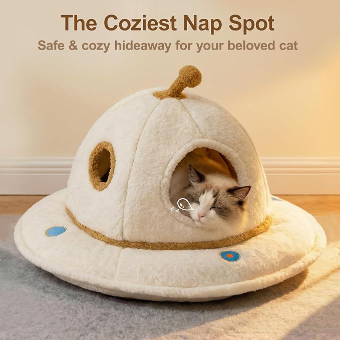 Cat Bed for Indoor Cats - 2 in 1 Large Cat Bed Cave Hideaway with Removable Washable Cushioned Pillow, UFO Cozy Pet Bed for Cats, Kittens & Multi-Cat Families (Up to 25 Lbs)