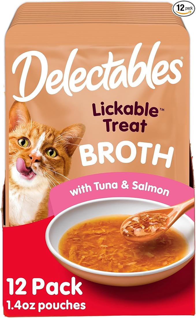 Delectables Lickable Treat Savory Broths Wet Cat Treat with Real Tuna & Salmon, Food Topper, Hydrating, Grain-Free, No Fillers, No By-Products, No Added Preservatives, 1.4oz Pouch, 12ct