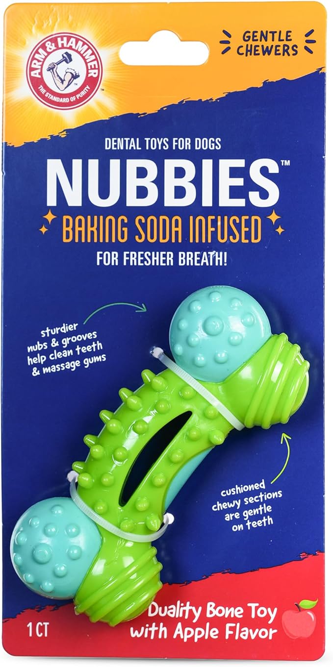Arm & Hammer Nubbies Duality Bone Dog Dental Chew Toy, Green Apple Flavor, Baking Soda Infused, Nubby Grooves Reduce Plaque and Tartar, No Stuffing, for Moderate Chewers