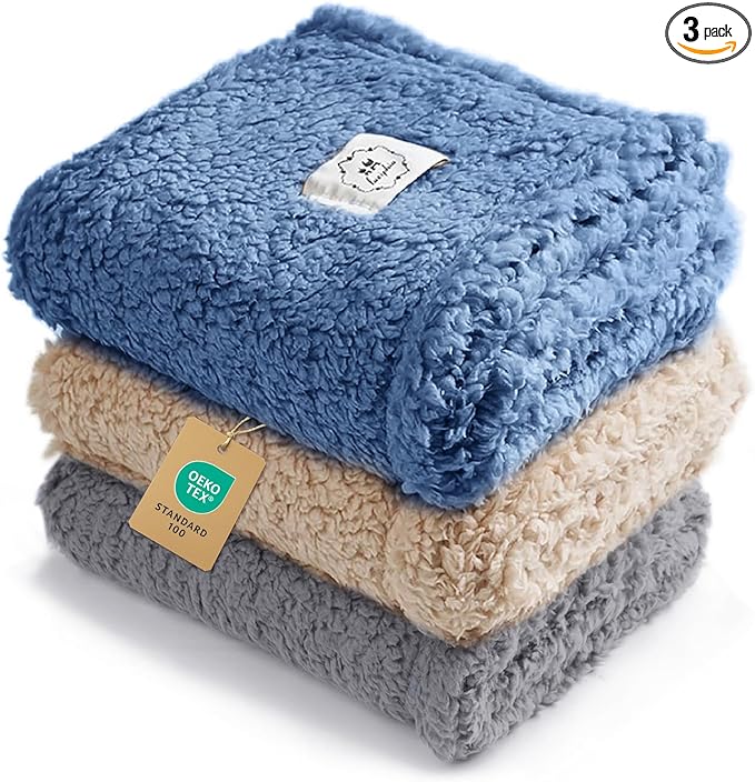 Luciphia 1 Pack 3 Calming Dog Blanket Fluffy Premium Fleece Pet Blankets Soft Sherpa Throw for Dogs Puppy Cat Grey/Beige/HazeBlue Medium (30" x20")