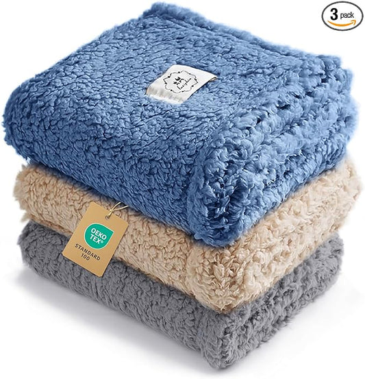 Luciphia 1 Pack 3 Calming Dog Blanket Fluffy Premium Fleece Pet Blankets Soft Sherpa Throw for Dogs Puppy Cat Grey/Beige/HazeBlue Small (23" x16")