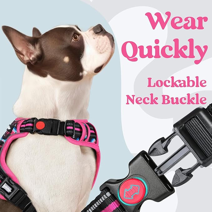 rabbitgoo Dog Harness for Large, No Pull Easy On & Off with 3 Buckles Pet Harness, Adjustable Soft Walking Vest with 2 Clips and Handle, Reflective for Large Dogs, Mountain Rose, L