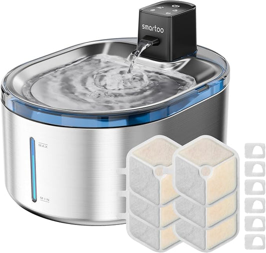 Smartoo Wireless Cat Water Fountain Stainless Steel, 152oz/4.5L Cat Fountain Battery Operated, Cordless Pet Water Fountain for Cats & Dogs with Motion Sensor, Ultra Quiet Pump, 6 Filters