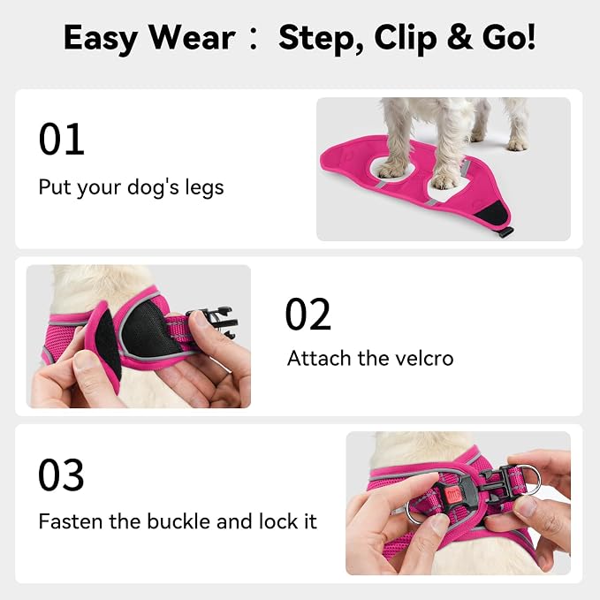 Joytale Small Dog Harness, Breathable Mesh Step-in Vest, Reflective Soft Padded Harnesses for Cats and Puppies Dogs, Hot Pink, XXXS