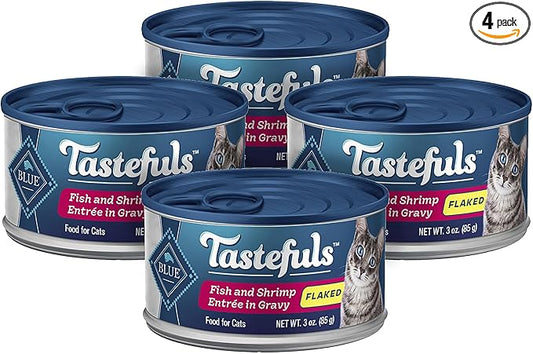 Blue Buffalo Tastefuls Natural Wet Cat Food Cans, Flaked Style, Fish and Shrimp Entrée in Gravy 3-oz Cans (Pack of 4)