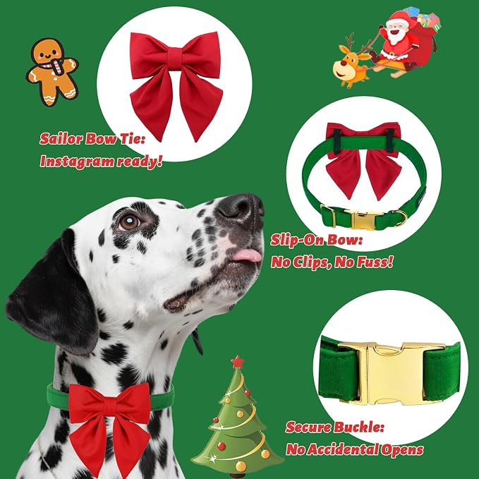 Maca Bates Christmas Grass Green Dog Collar with Cute Solid Sailor Bow Tie for Small Girl Boy Dogs,Adjustbale Durable Breakaway Soft Collars with Bowtie for Female Male Puppy,Pet