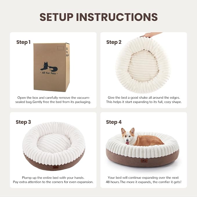 Donut Dog Bed Medium Size Dog 36 Inch, Round Cat Beds for Small Medium Dogs and Cats with Washable Fluffy Faux Fur, Cute Comfort Pet Bed with Anti-Slip Bottom, Cream