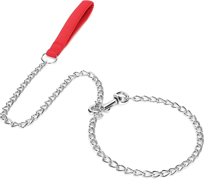 SGODA Metal Chain Heavy Duty Dog Leash, Chew Proof Dog Leash with Soft Handle for Over 50 lbs Large Size Pets Walking(4 ft. x 4.0 mm Red)