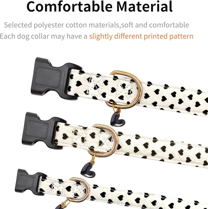 Cotton Dog Collar,Soft and Cute Puppy Collars with Hearts Patterned Design for Girl Female Boy Dogs,Adjustable Buckle Pet Collar for Small Medium Large Dogs (Beige Love Heart, L)