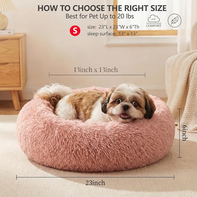 Calming Donut Dogs Beds for Small Dogs Washable,23inch Plush Round Pet Bed for Cozy Sleep,Fluffy Faux Fur Large Cat Bed,Fits up to 25 lbs Pets,Pink