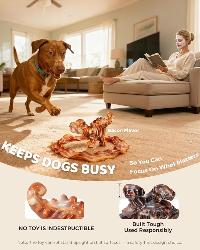 DinoBone Dog Chew Toys for Aggressive Chewers, 2 Pack Tough Nylon Dinosaur Bones for Large Dogs 20–90 lbs, Long Lasting Chewing Outlet, Helps Redirect Destructive Chewing, Bacon Flavor