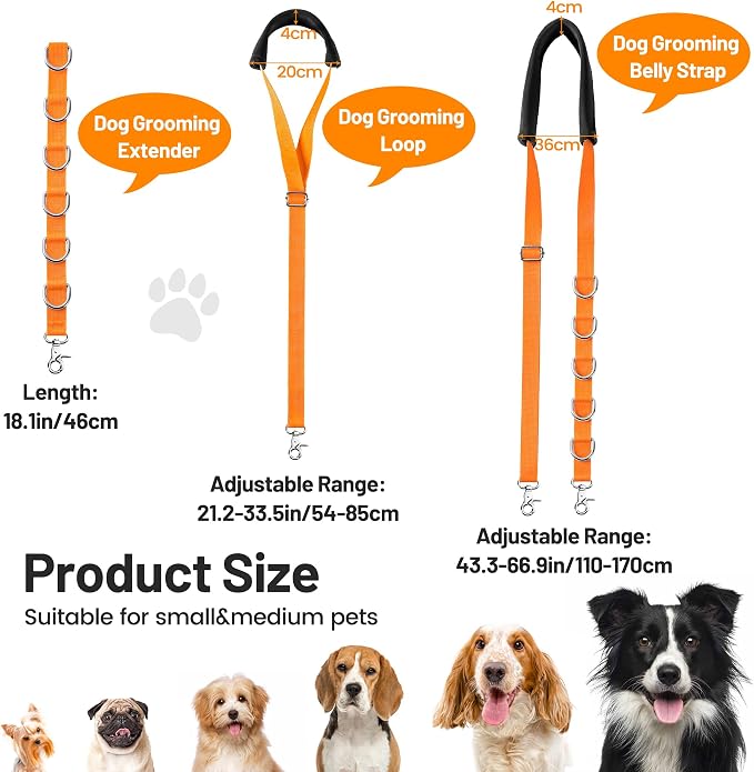 Dog Grooming Belly Strap - Dog Grooming Loops for Table Arm Extender with Clamp Extension Loop Bathing Restraint Leash No Sit Haunch Holder for Small & Medium Hair Cutting Washing (Orange)