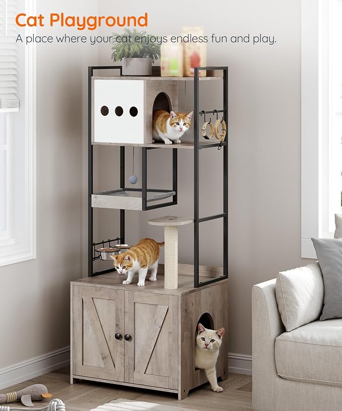 HOOBRO Cat Tree with Litter Box Enclosure, 58.7" H Cat Tower with Hidden Litter Box Furniture, with Scratching Post, Step, Hammock, Multifunctional Pet Furniture with Food Bowls, Greige BG30MZ03G1